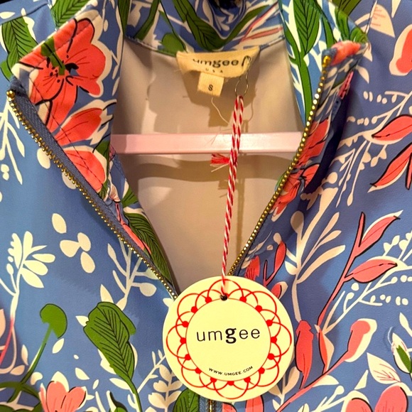 Umgee Blue and Pink Floral ruffle sleeve half zip Dress - Picture 8 of 11